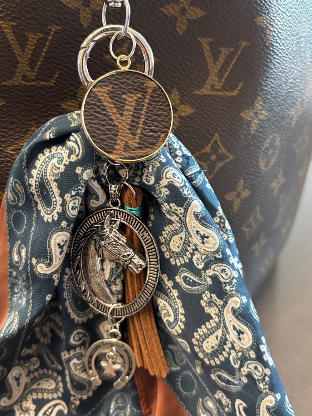 Louis Vuitton Monogram Western Horse, Silky Scarf, Horseshoe, Tassel Bag Charm